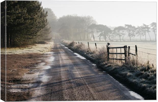 Remote frozen country road at sunrise. Norfolk, UK Canvas Print by Liam Grant