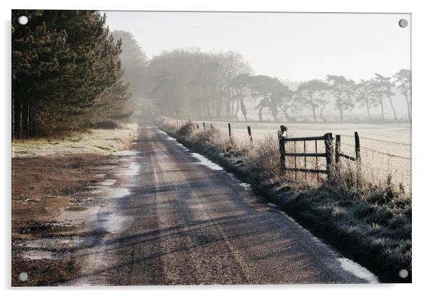 Remote frozen country road at sunrise. Norfolk, UK Acrylic by Liam Grant