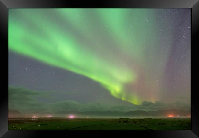 Aurora Borealis over Iceland Hofn Icelandic south  Framed Print by Nick Jenkins