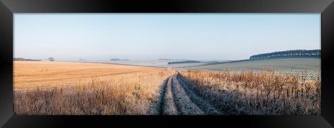 Frost covered track through fields at sunrise. Nor Framed Print by Liam Grant