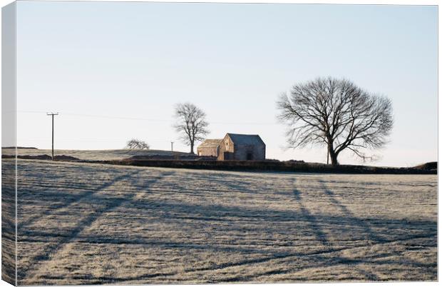 Stone barn in a field on a frosty morning. Derbysh Canvas Print by Liam Grant