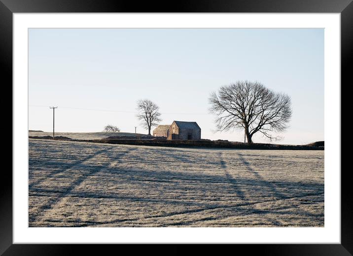 Stone barn in a field on a frosty morning. Derbysh Framed Mounted Print by Liam Grant