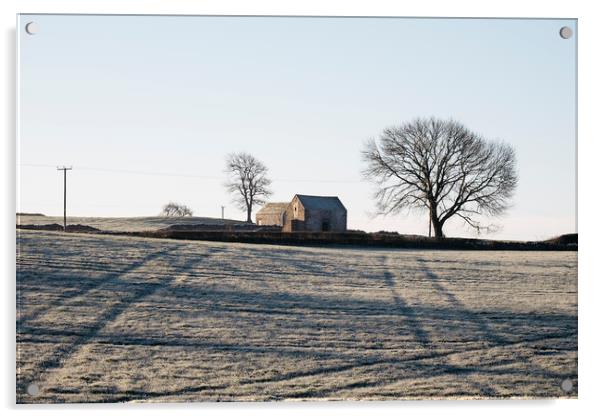 Stone barn in a field on a frosty morning. Derbysh Acrylic by Liam Grant