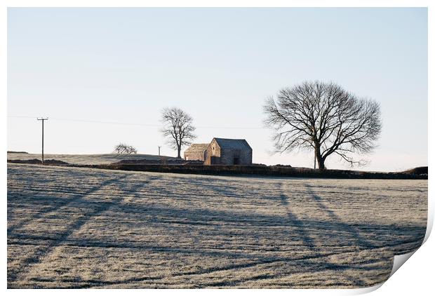 Stone barn in a field on a frosty morning. Derbysh Print by Liam Grant