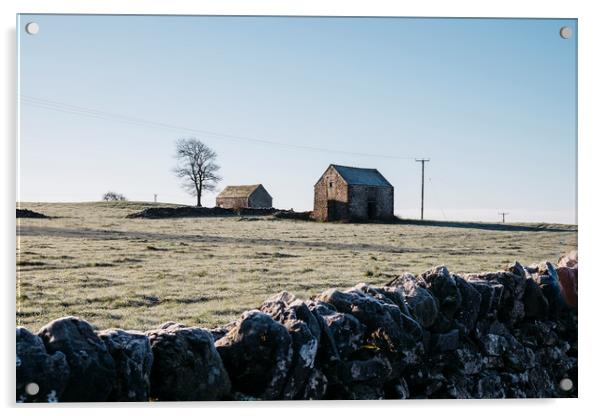 Stone barn in a field on a frosty morning. Derbysh Acrylic by Liam Grant