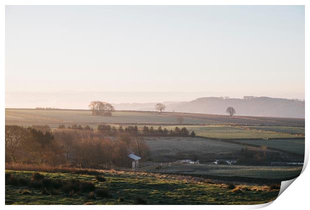 Early morning light at sunrise over a farm in Derb Print by Liam Grant