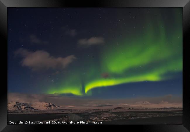 Aurora Borealis over Jokulsarlon Framed Print by Susan Leonard