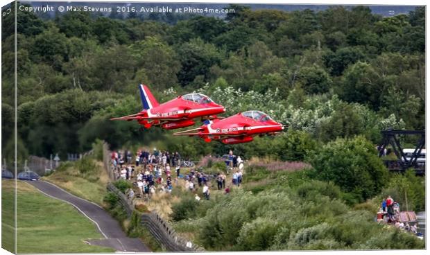 Classic Red Arrows take off at Farnborough Canvas Print by Max Stevens