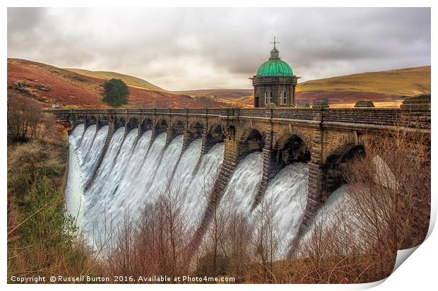 Craig Goch dam in full flow Print by Russell Burton