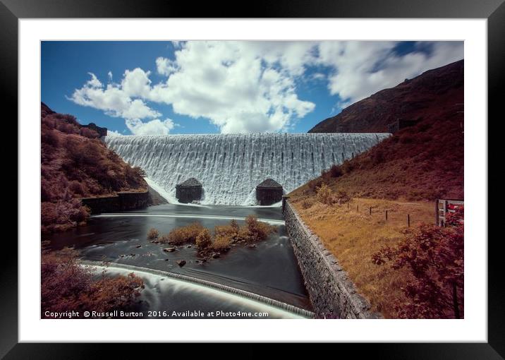 Caban Coch dam in full flow Framed Mounted Print by Russell Burton