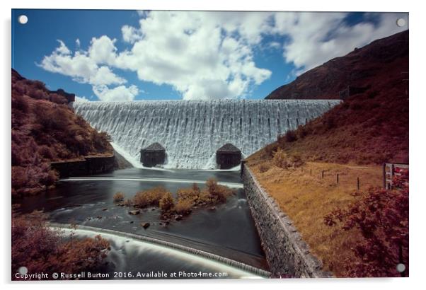 Caban Coch dam in full flow Acrylic by Russell Burton