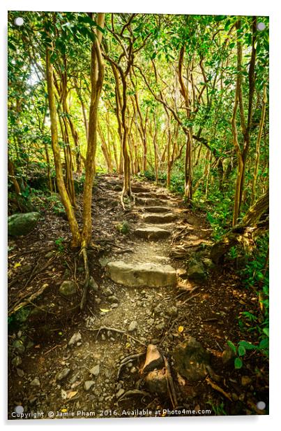 The hike on the Pipiwai Trail in Maui. Acrylic by Jamie Pham