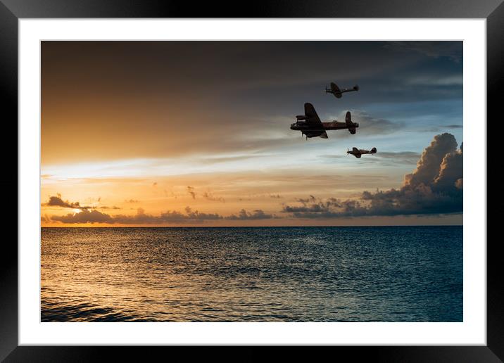 Lancaster Spitfire Hurricane Sunset Framed Mounted Print by J Biggadike