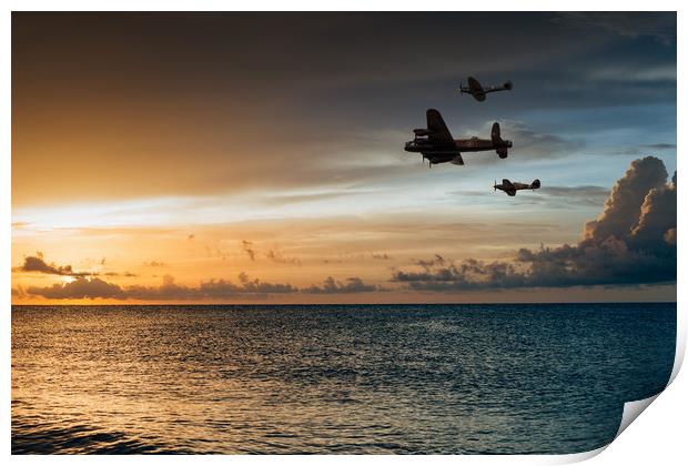 Lancaster Spitfire Hurricane Sunset Print by J Biggadike