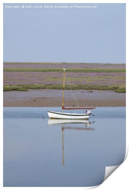 Single white boat Print by Sally Lloyd