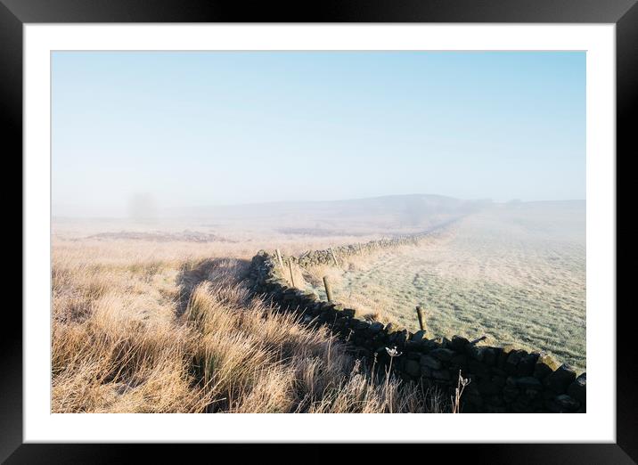 Curved wall in the frost and fog on Beeley Moor at Framed Mounted Print by Liam Grant