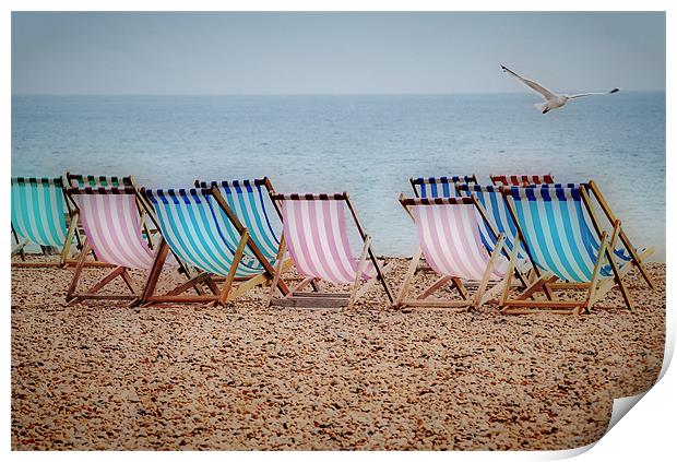 Deckchairs on the Beach Print by Karen Martin