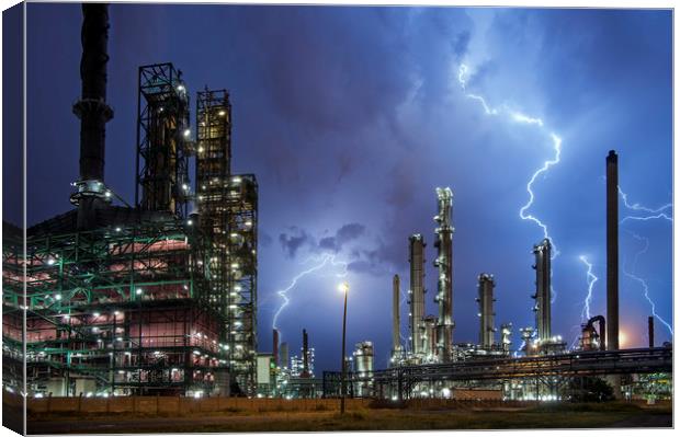 Lightning Bolts striking over Oil Refinery Canvas Print by Arterra 