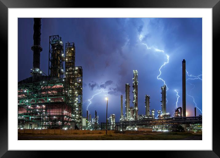 Lightning Bolts striking over Oil Refinery Framed Mounted Print by Arterra 