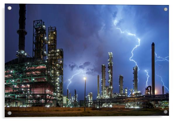 Lightning Bolts striking over Oil Refinery Acrylic by Arterra 