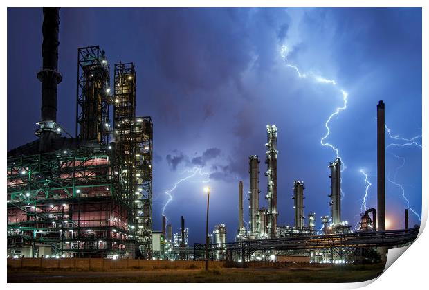 Lightning Bolts striking over Oil Refinery Print by Arterra 