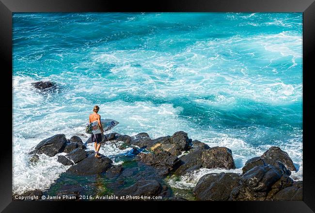 Surfers at the famous Hookipa Beach in the North s Framed Print by Jamie Pham
