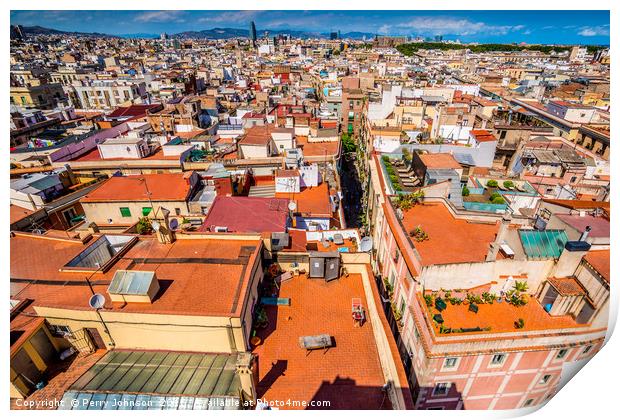 Barcelona roof tops Print by Perry Johnson