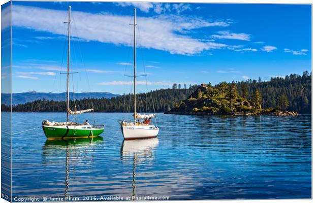 Boats on a beautiful calm day in Lake Tahoe. Canvas Print by Jamie Pham