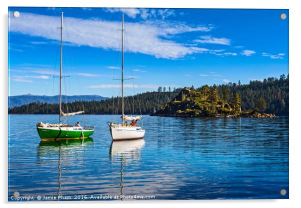 Boats on a beautiful calm day in Lake Tahoe. Acrylic by Jamie Pham