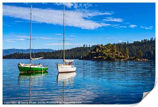 Boats on a beautiful calm day in Lake Tahoe. Print by Jamie Pham