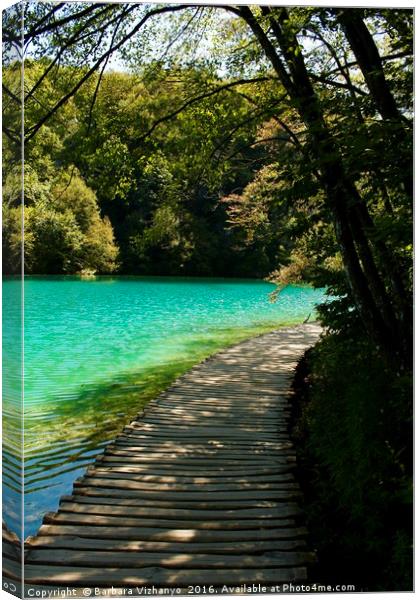 Beautiful wooden road beside a lake in Plitvice Na Canvas Print by Barbara Vizhanyo