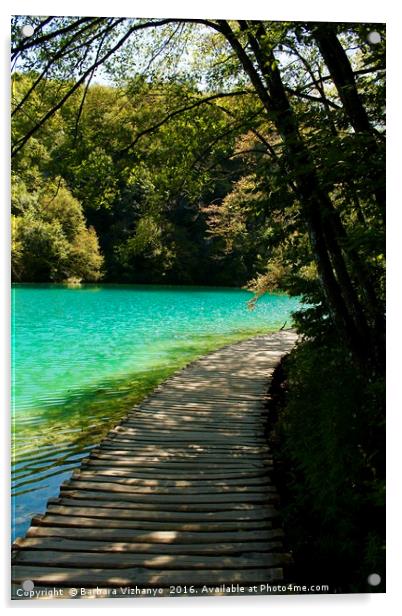 Beautiful wooden road beside a lake in Plitvice Na Acrylic by Barbara Vizhanyo