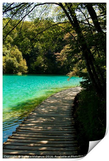 Beautiful wooden road beside a lake in Plitvice Na Print by Barbara Vizhanyo