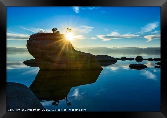 Dramatic view of Bonsai Rock in Lake Tahoe. Framed Print by Jamie Pham