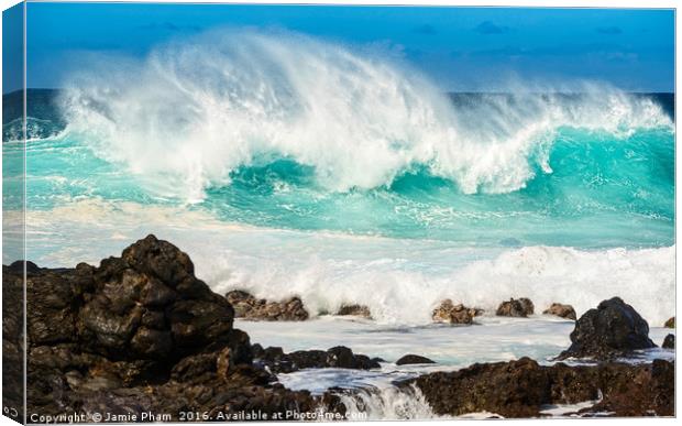 The large and spectacular waves at Hookipa Beach i Canvas Print by Jamie Pham