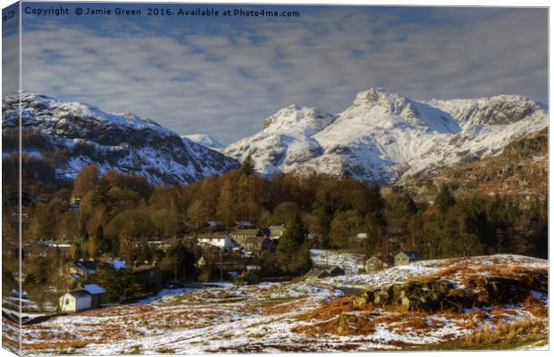 Elterwater and The Langdale Pikes Canvas Print by Jamie Green