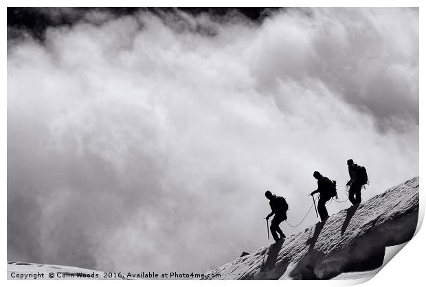 Climbers descending into the clouds Print by Colin Woods