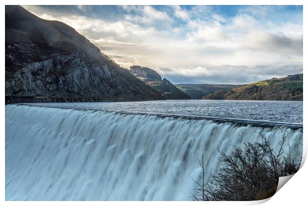 Caban Coch Dam Overflowing Elan Valley Mid Wales Print by Nick Jenkins