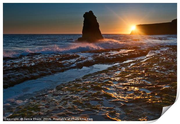 Dramatic view of a sea stack in Davenport Beach, S Print by Jamie Pham