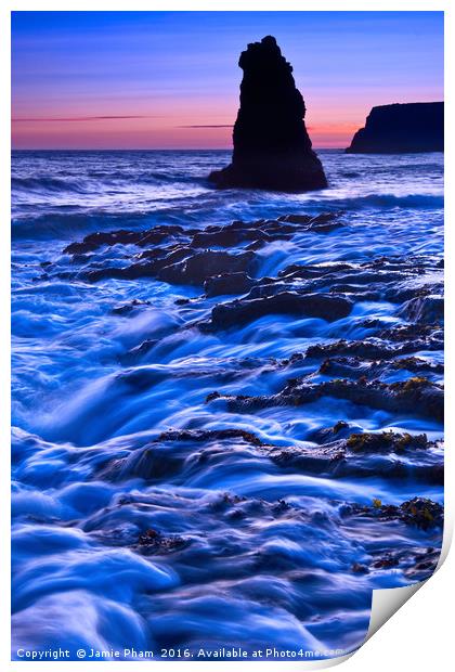 Dramatic view of a sea stack in Davenport Beach, S Print by Jamie Pham