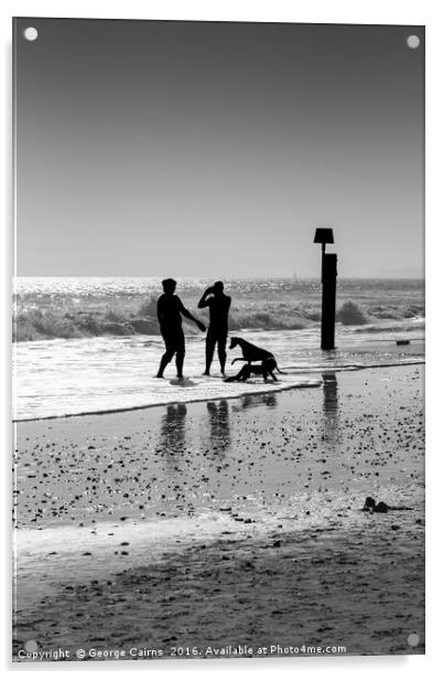 Family playing in the sea Acrylic by George Cairns