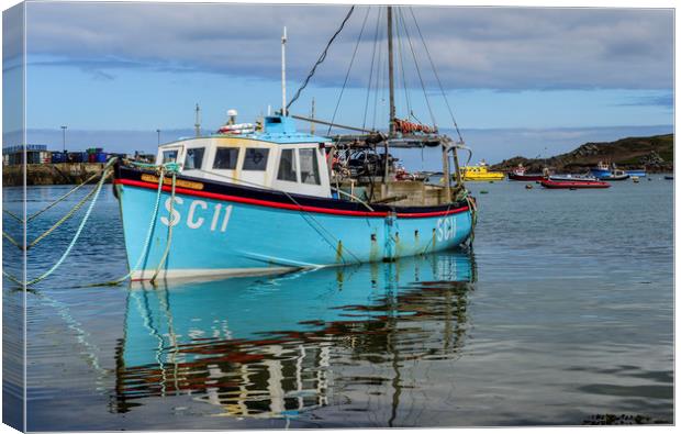 Scillies Fishing Boat at Anchor Hugh Town St Marys Canvas Print by Nick Jenkins