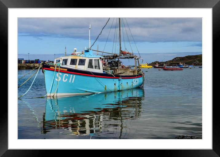 Scillies Fishing Boat at Anchor Hugh Town St Marys Framed Mounted Print by Nick Jenkins