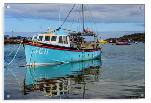 Scillies Fishing Boat at Anchor Hugh Town St Marys Acrylic by Nick Jenkins