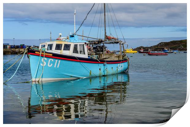 Scillies Fishing Boat at Anchor Hugh Town St Marys Print by Nick Jenkins