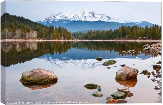A dramatic view of Mount Shasta from Lake Siskiyou Canvas Print by Jamie Pham