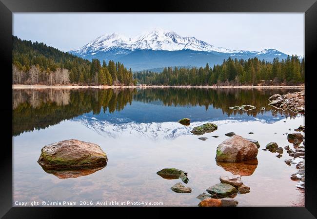 A dramatic view of Mount Shasta from Lake Siskiyou Framed Print by Jamie Pham