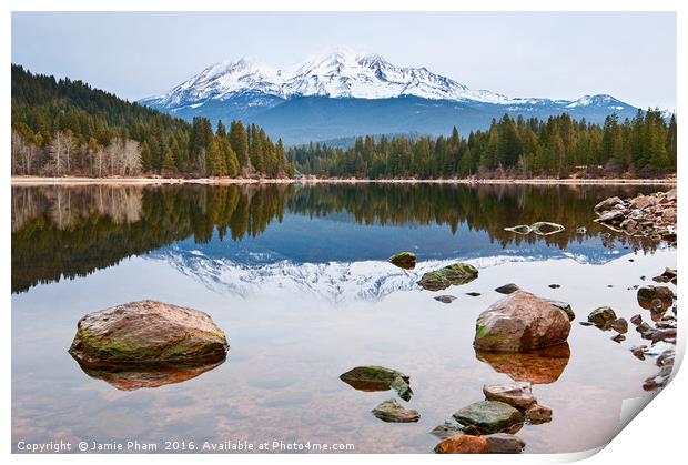 A dramatic view of Mount Shasta from Lake Siskiyou Print by Jamie Pham