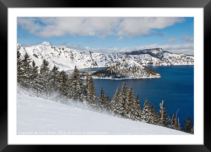 Beautiful view of Crater Lake covered in snow in t Framed Mounted Print by Jamie Pham