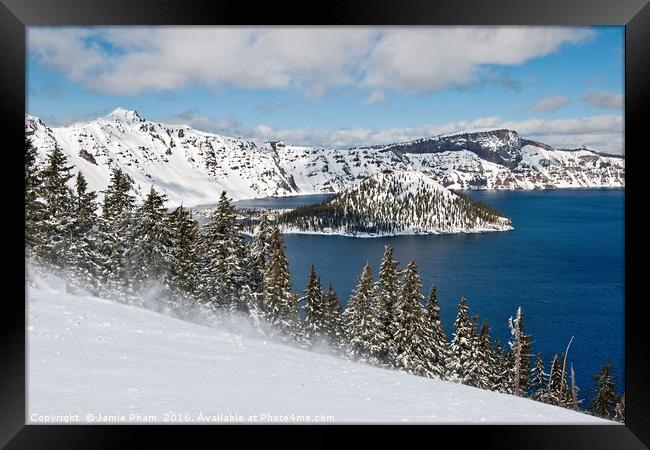 Beautiful view of Crater Lake covered in snow in t Framed Print by Jamie Pham
